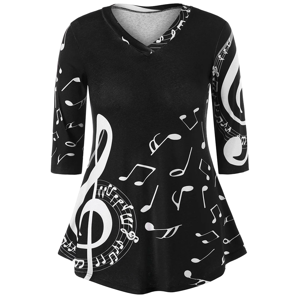 

5XL Plus Size V-Neck Music Note Print T-shirt Women 3/4 Sleeve Casual T-shirt Female Loose T-shirt Women Spring Summer Top
