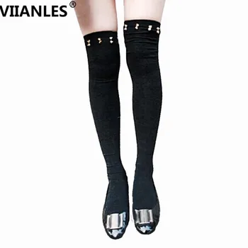 

VIIANLES Thigh High Stocking Black Sexy Stockings Punk Rock Metal Big Nail Rivets Tube Casual Fashion Design Party Club Stocking