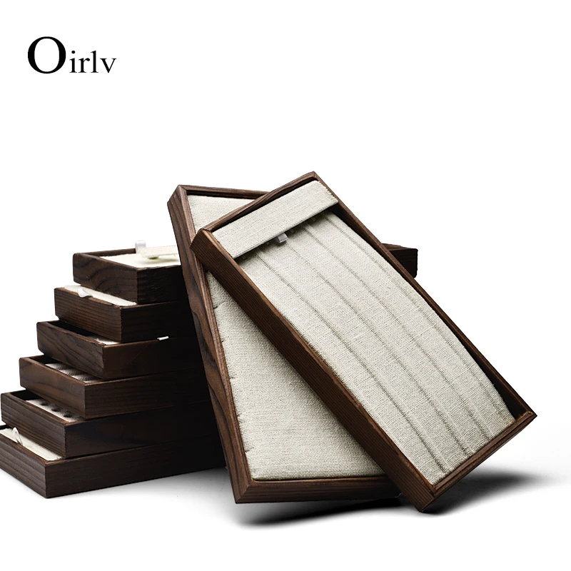 

New Solid Wood Jewelry Display Tray with Linen Dark Coffee Ring Necklace Pendant Bangle Earring Display Tray Organizer Showcae