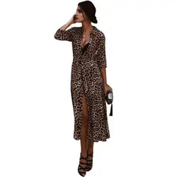 Леопардовое платье 2019 Для женщин шифоновая, длинная, Пляжная платье свободного кроя с длинным рукавом глубокий v-образным вырезом Sexy Платье