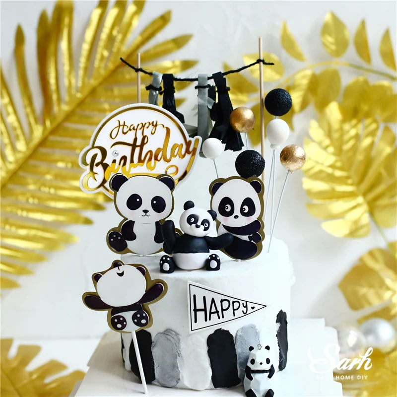 Panda bamboo Cake Topper Happy Birthday Turtle leaf Clay Decoration for Children's Boy Girl Party Supplies Baking Lovely Gifts