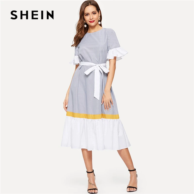 

SHEIN Ruffle Hem Color-Block Belted Striped Dress 2019 Boho Spring Summer Short Flounce Sleeve Tunic Shift Women Dresses