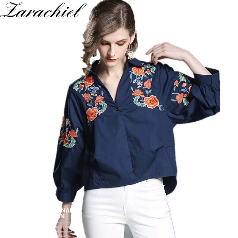 2018 Fall Fashion Streetwear Women Office V Neck Flower Embroidery Navy ...