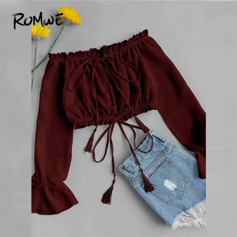 

ROMWE Off Shoulder Drawstring Crop Top 2019 New Spring Long Sleeve Fringe Ruffle Top Burgundy Women Flounce Sleeve Blouse