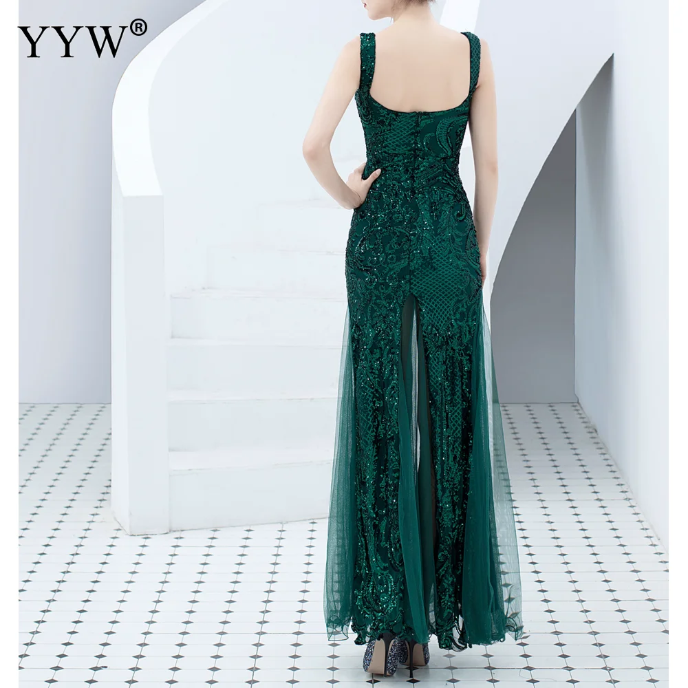 Green Sequined Summer Long Party Dress Spaghetti Strap Sexy Evening Gowns Women Sequin Mesh Patchwork Elegant Club Dresses