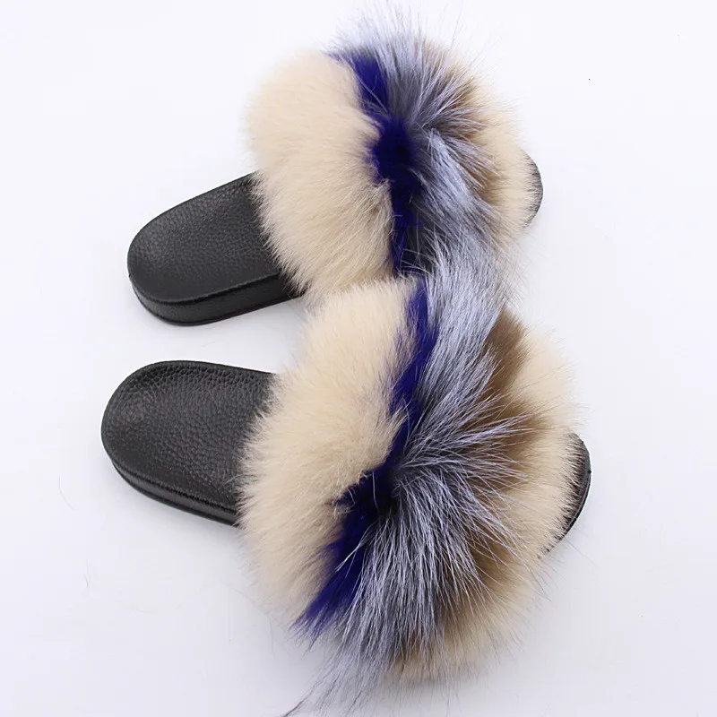 2018 fuchs Haar Strand Hausschuhe Weiches Fell Flip-Flops Slides Schuhe Pelzigen Hausschuhe EVA Bottom Sommer Schuhe Frauen Dame