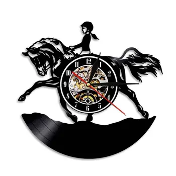 

1Piece Equestrianism Vinyl Clock Rider Horsewoman Wall Clock Made From Vinyl Record Modern Wall Art Silhouette Design