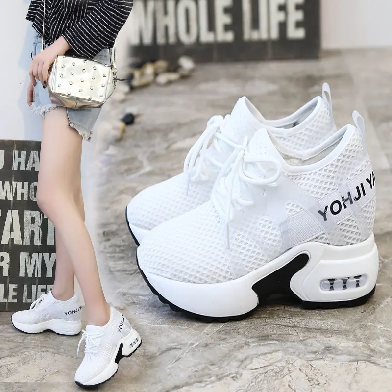 

New Women High Top Sneakers Platform Wedge Heels Leather Shoes 10CM Summer Breathable Casual Shoes Zapatillas Deportivas Mujer
