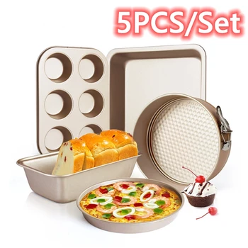 

5PCS Non-stick Bakeware Tools Carbon Steel Cake Pan Set Pizza Mold Toast Bread Box Muffin Cake Mould Tool Kitchen Baking Set