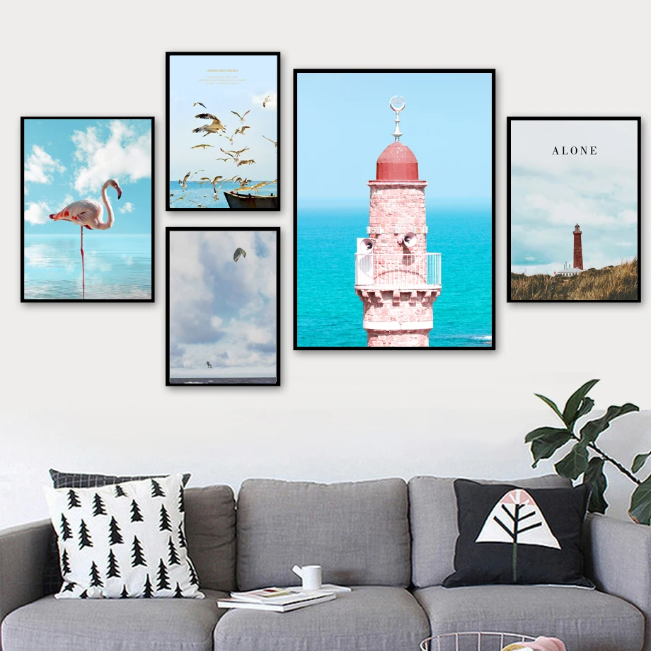 

Beacon Flamingo Sea Mew Nordic Posters And Prints Wall Art Canvas Painting Wall Pictures For Living Room Scandinavian Home Decor