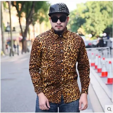 

2XL-6XL 2019 New men's clothing Hair Stylist FashionLoose long sleeved printed leopard plus size shirt