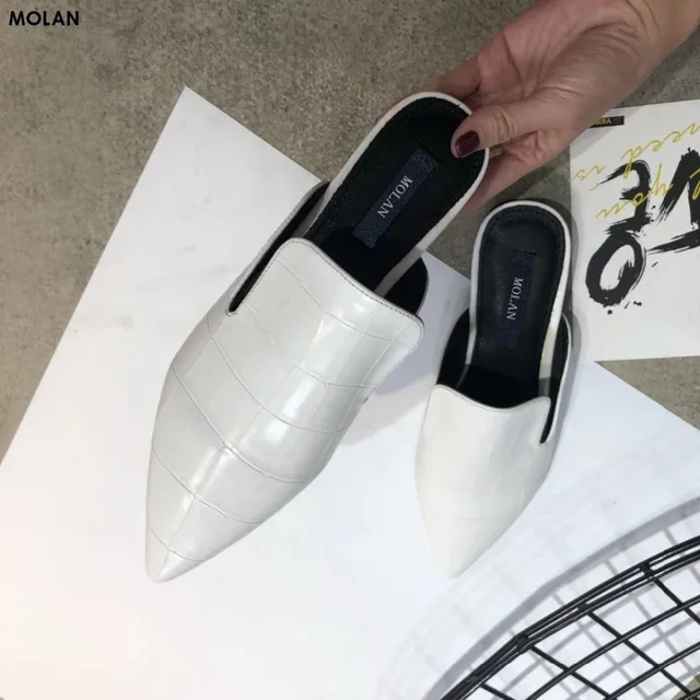 MOLAN Brand Fashion Crocodile Pattern Leather Flat Slippers With Cloth Deduction Belt Slip On Slides Mules Flip Flops Loafers