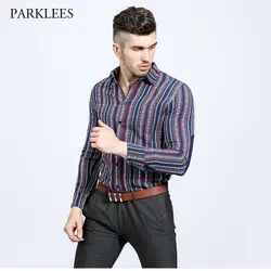 Полосатый shrit Для мужчин 2017 с длинным рукавом Camisa Hombre Повседневное Кнопка Подпушка мужская одежда Рубашки для мальчиков Slim Fit CHEMISE Homme