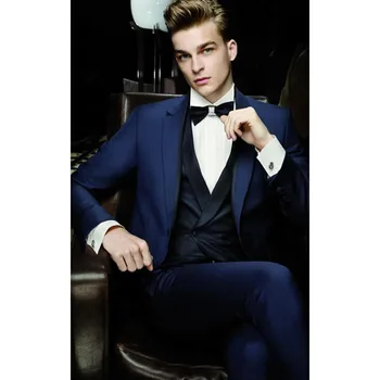 

High Quality One Button Royal Blue Groom men suit Tuxedos 2017 Groomsmen Wedding Prom Dinner mens Suits ( jacket+Pants+vest+tie)