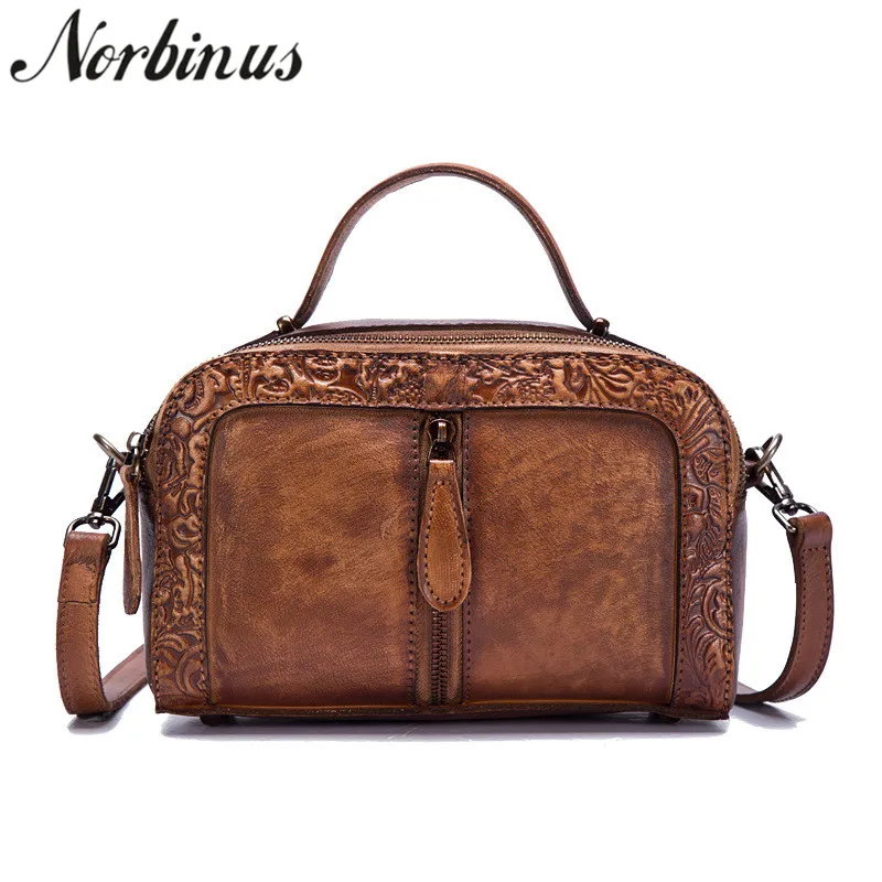 

Norbinus Embossed Shoulder Messenger Crossbody Bag Retro Brush Color Tote Handbag Genuine Leather Women Cowhide Top Handle Bags