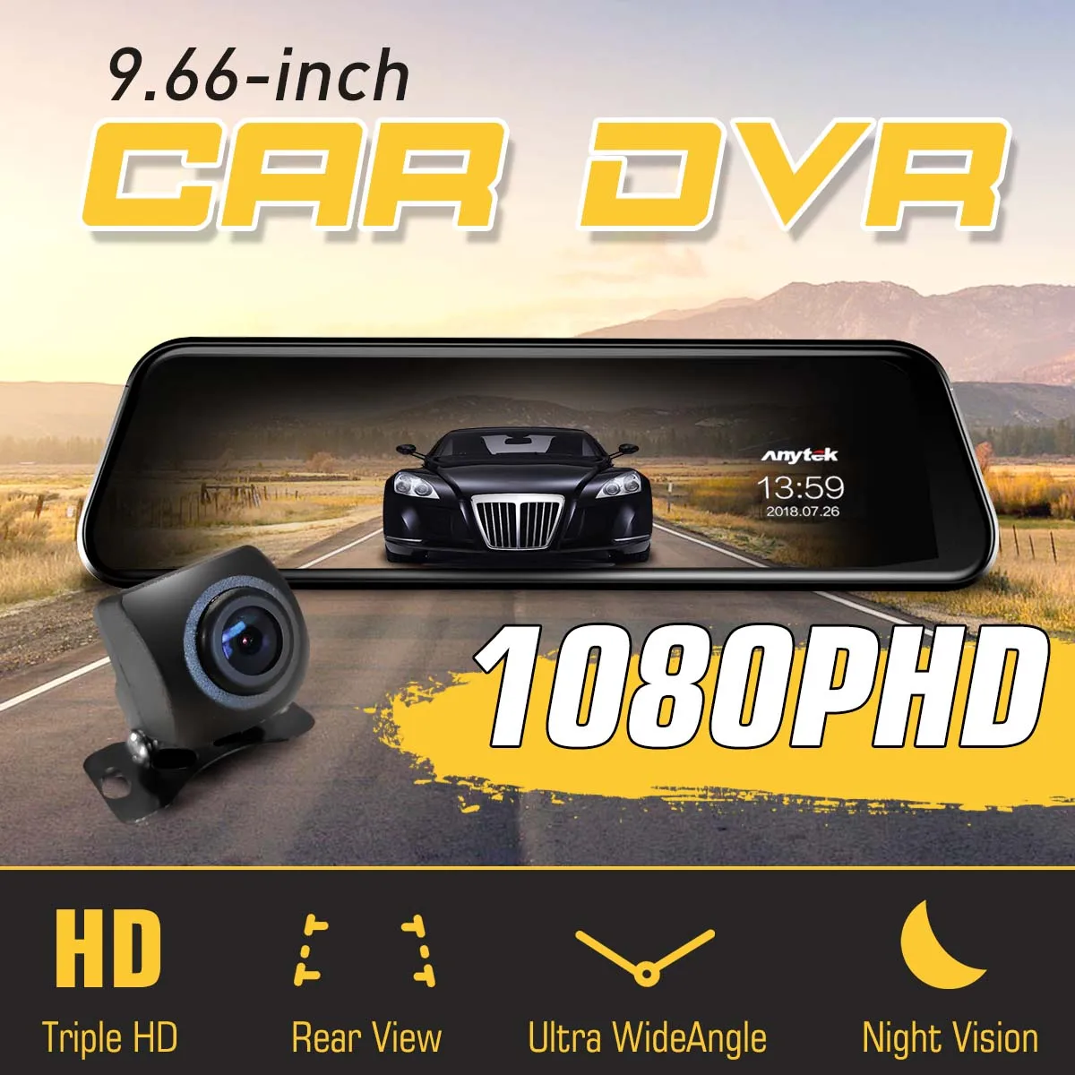 

Car Traffic Recorder DVR Camera Full HD 1080P 9.66inch Stream Media Rearview Mirror Dual Lens Video Data Recorder Night Vision