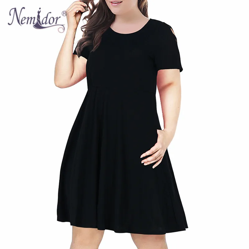 Nemidor Women Casual O-neck Short Sleeve Stripe Print A-line Dress Plus Size 7XL 8XL 9XL Swing Fit and Flare Dress With Pockets