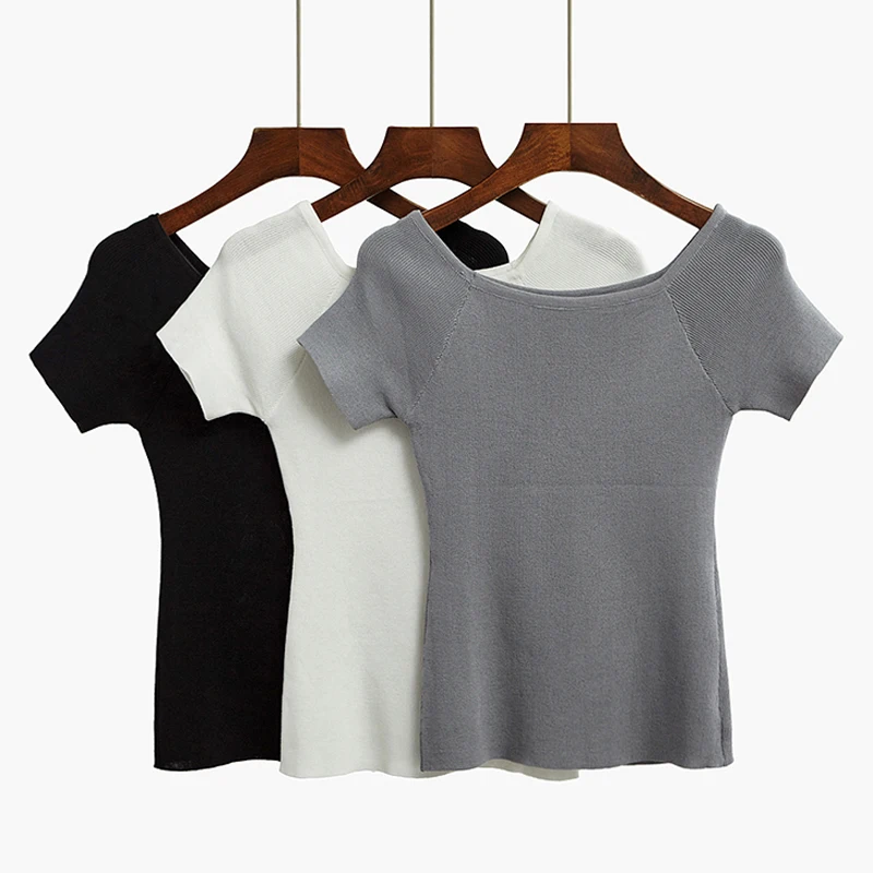 

Knitted Summer Women T Shirt Fashion Sexy Slash neck Short Sleeves Top Solid Color High Elasticity Female Short Slim T shirts