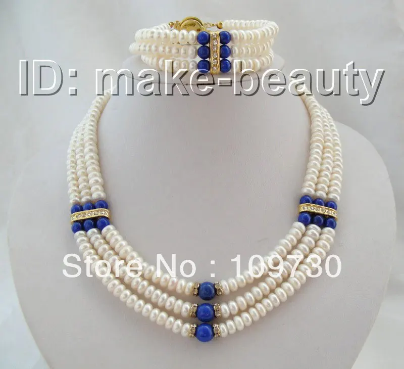 

Jewelry 00420 CLASSIC 3rows 8mm white pearls blue lapis lazuli necklace bracelet a set can choose