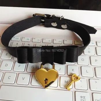 

Punk Harajuku Handmade Lolita Cute Leather Choker with Bow Love Heart Locket Key Choker Necklace