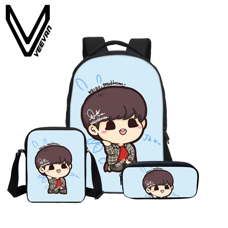 

VEEVANV 3Pcs/Set Portfolio For School Bag BTS 3D Prints Chirldren Backpacks Pencil Small Bag Crossbody Bag Mochila Shoulder Bag