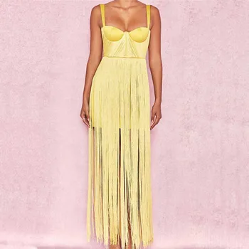 

wholesale New Dress Black and yellow Sling tassel Fashion elegance Celebrity Boutique Cocktail party bandage dress (L2378