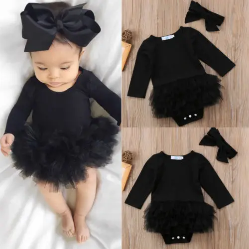 

Hot New Fashion Infant Newborn Baby Girl clothes long sleeve mesh Jumpsuit solid Bodysuit Clothes Headband Outfit 0-2T