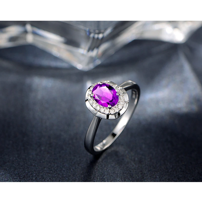 AINUOSHI Natural Amethyst Flower Halo Ring Pure 925 Sterling Silver Gemstone Ring 1.25ct Oval Cut Engagement Jewelry Women Ring