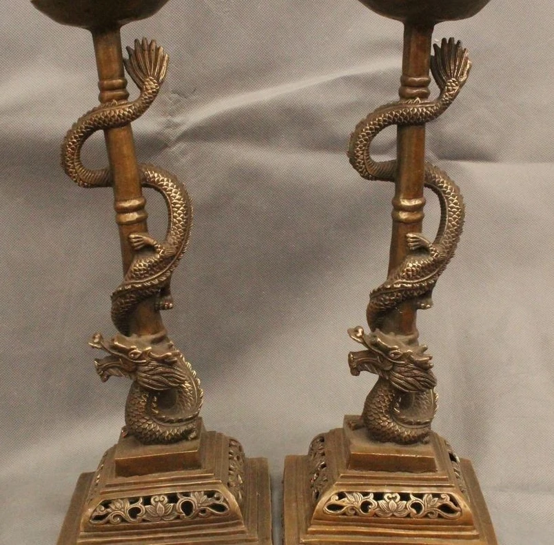 

15" China Chinese Folk Bronze Dragon Statue Candle Holders Candlestick Pair