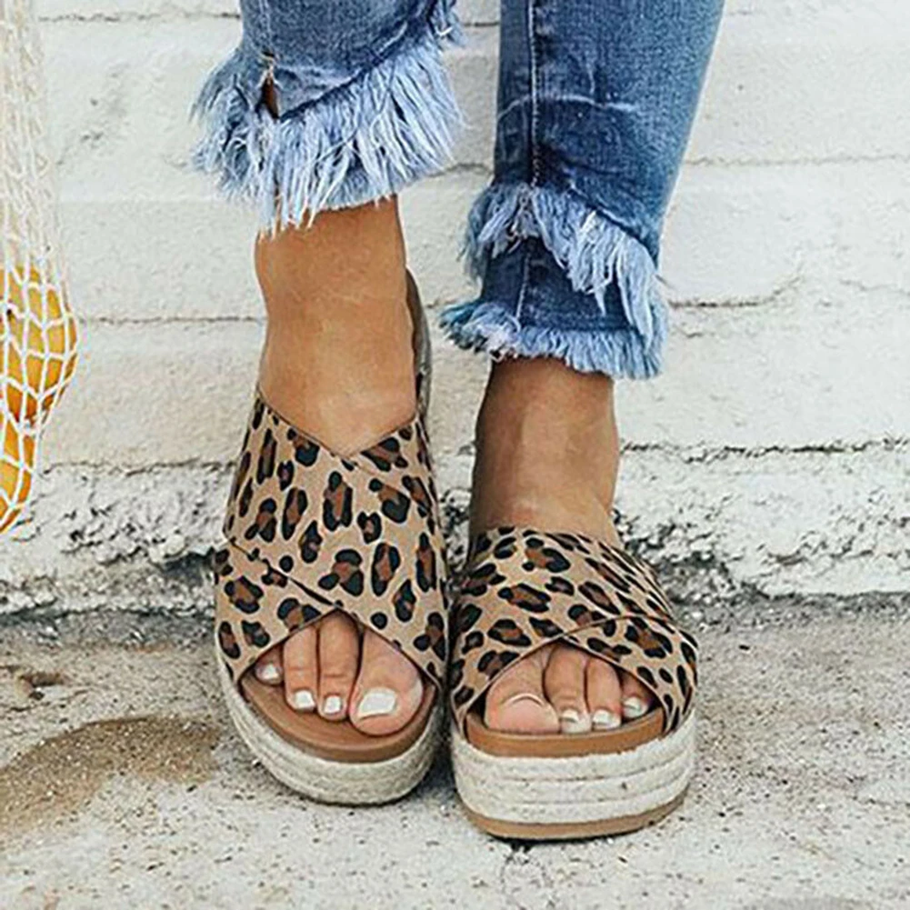 

2019 NEW Women's Wedge Slippers Fashion Casual Platform Slippers Platform Sandals Slippers Women's Leopard Knit Slippers
