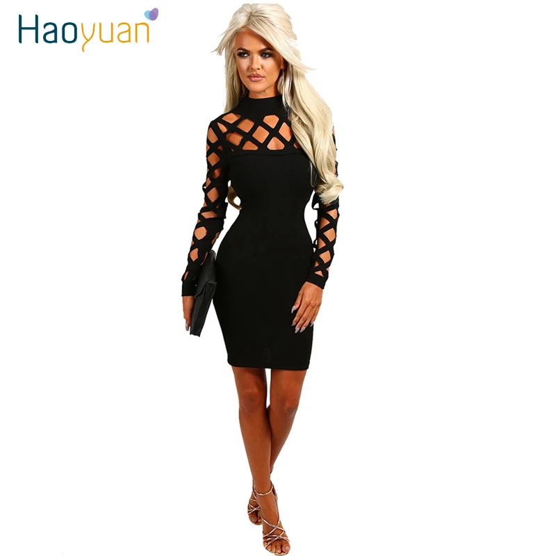 

HAOYUAN New Arrival Sexy Bandage Dress Women Summer Hollow Out Party Night Club Dress Long Sleeve Bodycon Dresses Vestidos Robe
