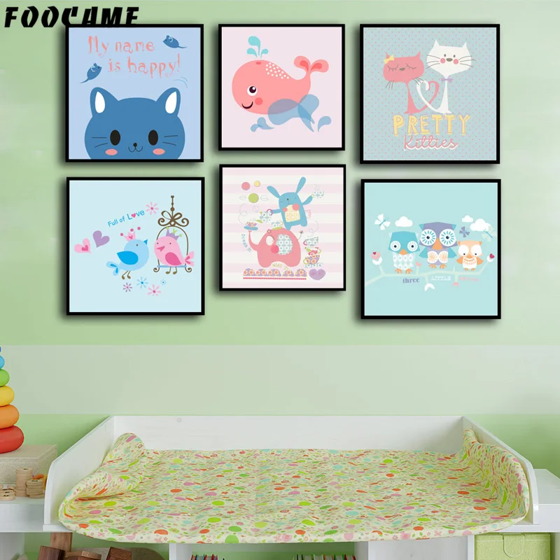 

FOOCAME Cartoon Cat Whale Bird Elephant Owl Posters and Prints Art Canvas Painting Home Decor Wall Pictures Kids Rooms Nursery