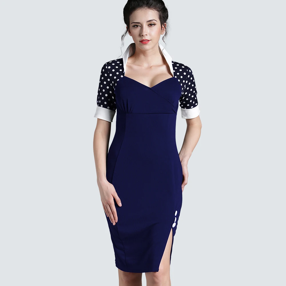 

Plus Size Women Vintage Rockabilly Polka Dots Summer Dress Casual Side Split Work Business Office Lady Dress B47