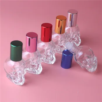 

1pcs 8 ML 6Color Skull Shape Mini Small Empty Glass Roll On Perfume Bottle Glass Sample Bottle With Aluminum Cap Metal Roll Ball