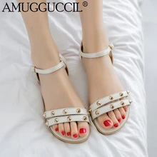 2019 New Genuine Leather Plus Big Size 31-46 Black White Beige Buckle Fashion Girl Lady Summer Women Flats Sandals L1037 2019 New Genuine Leather Plus Big Size 31-46 Black White Beige Buckle Fashion Girl Lady Summer Women Flats Sandals L1037
