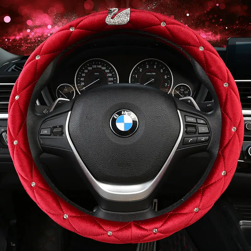 38CM Luxury Crystal Crown Studded Rhinestone Short plush Car Steering