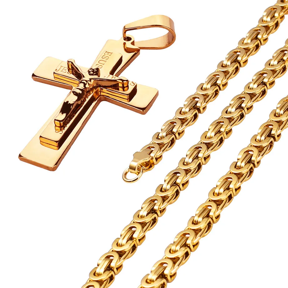 Мужское ожерелье, подвеска с большим крестом и цепочкой для мужчин, золотого цвета, из нержавеющей стали, христианское ожерелье, мужские ювелирные изделия