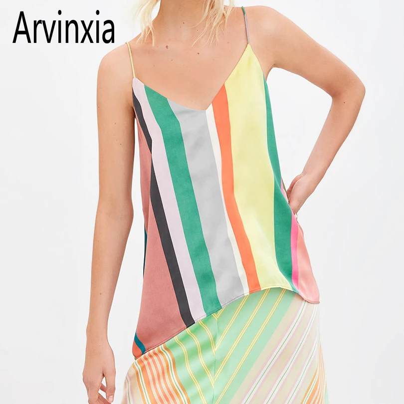 

Arvinxia ZA Sexy Color Striped Off Shoulder Lady Camis New Spaghetti Strap Woman Tops Fashion Loose Style Sleeveless Femme Camis