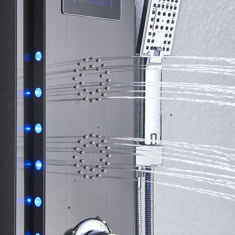 MYQualife, топ дизайн, светодиодная душевая панель, 5 функций, смеситель для душа для ванной, настенный, черный, холодный и горячий душ, колонка