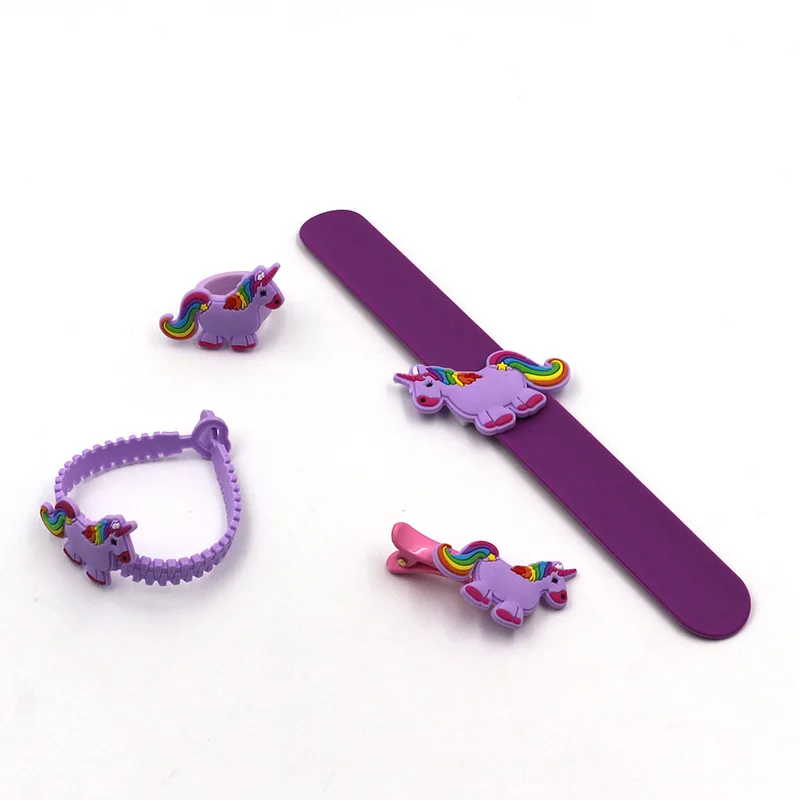 4 шт. детский браслет с единорогом кольцо силиконовый браслет детский набор украшений Подарок ПВХ головной убор заколка для волос игрушка украшение - Окраска металла: Purple