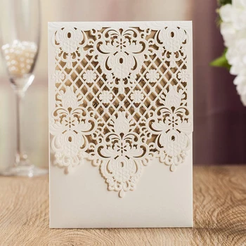 

WISHMADE Vertical Laser Cut Wedding Invitations with Ivory Lace Sleeve Invite Cards for Bridal Shower Engagement Birthday 100PCS