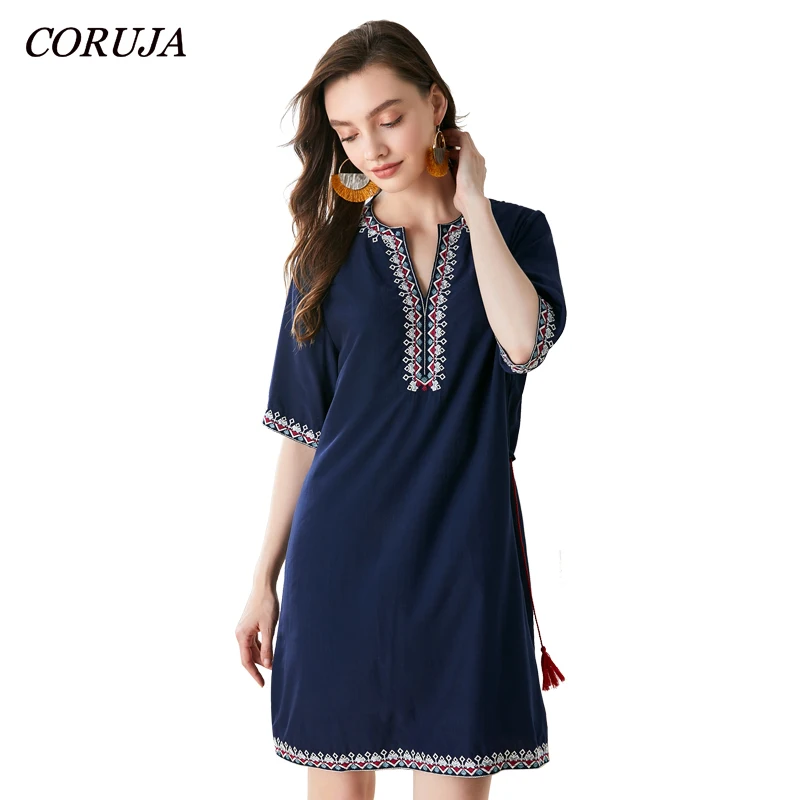

Fashion Women Midi Dress Embroidery Collar and Hem Front V Cut Waist Tie Deep Blue Elegant Lady Office Shift Dress
