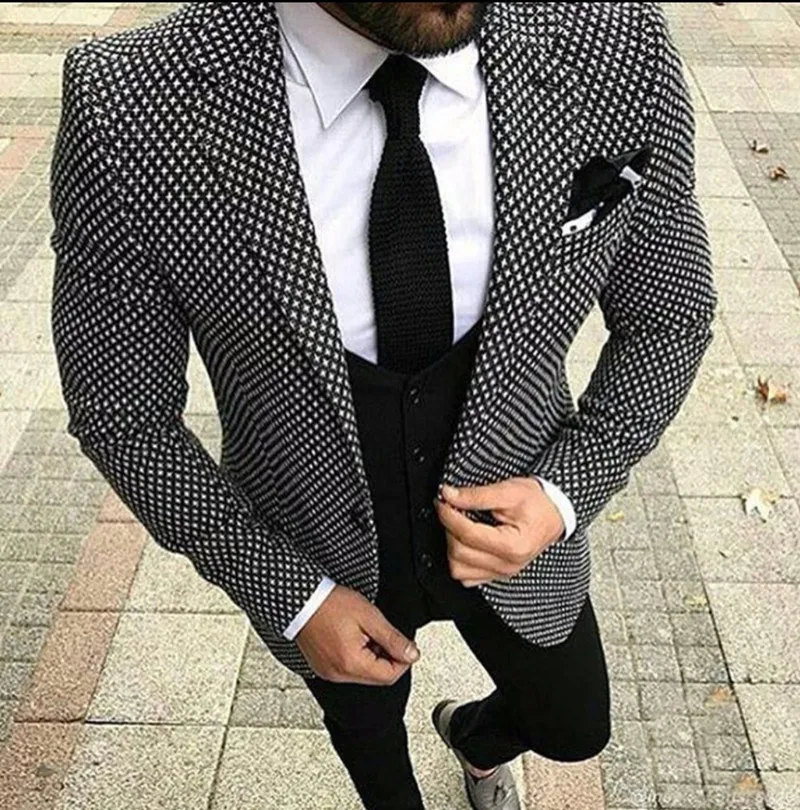 

Traje de boda hecho a medida para hombre a medida tejido negro dientes de sabuesos a cuadros ropa de novio (chaqueta + Pantalones + chaleco)