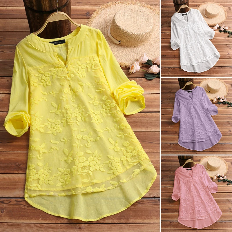 Модная женская летняя блузка ZANZEA размера плюс, туника, топ, элегантная рубашка с длинным рукавом, v-образный вырез, вышивка, блузы, Повседневная сорочка