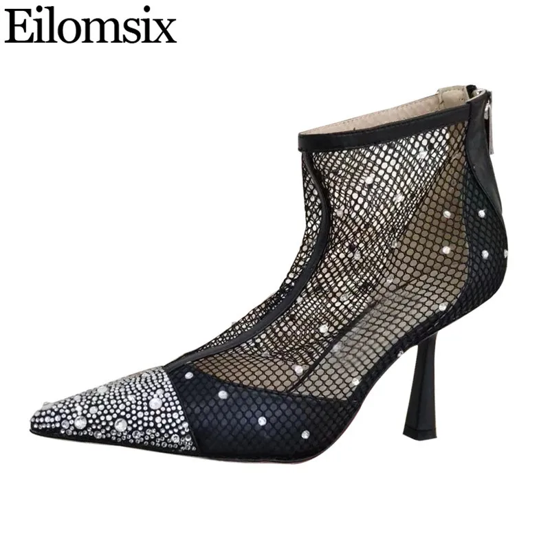 

2019 Luxurious Crystal Mesh High Heels Woman Pointed Toe Ankle Boots Woman Genuine Leather Summer Sandals Party Shoes Woman