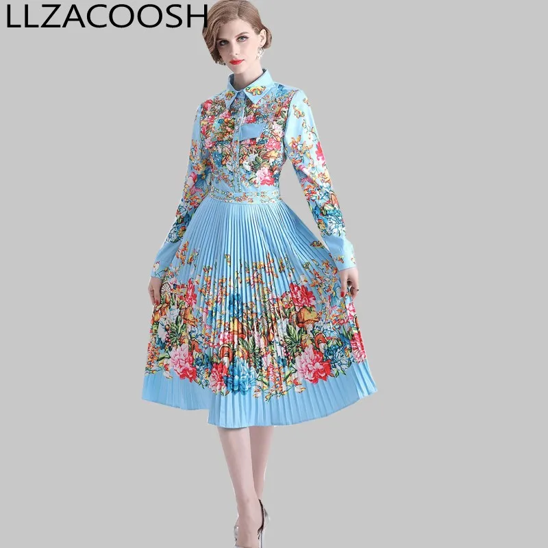 

2019 Runway Designer Autumn Dress Women's Long Sleeve Casual Holiday Blue Floral Print Slim Pleated Elegant Dress