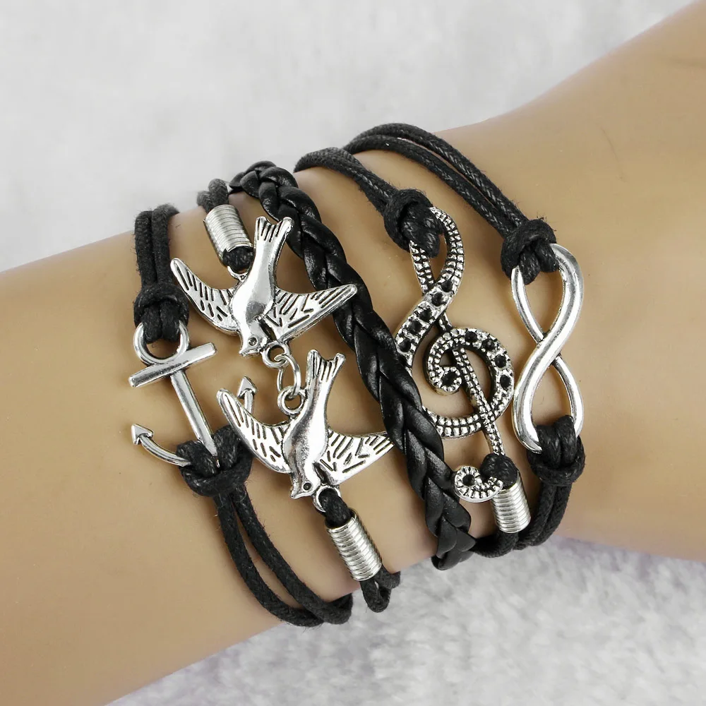 

New Fashion bracelets & bangles Unisex Antique Silver Infinity Double Birds Note Charms Leather Wrap Bracelet pulseira