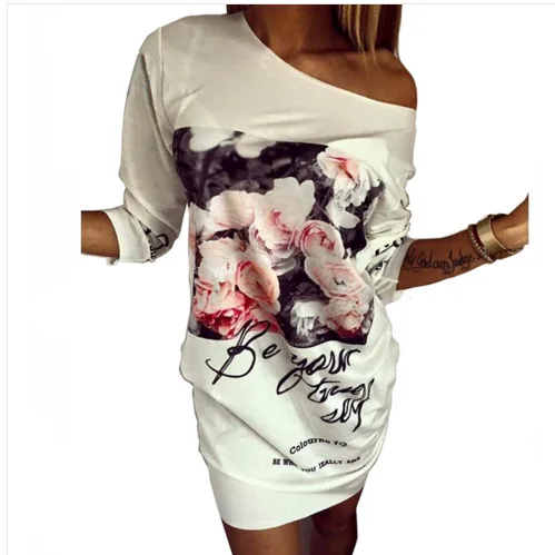 

S-5XL Plus Size Dress Women Elegant Off Shoulder Stretch Midi Pencil Dress Fashion 3/4 Sleeve White Flower Print Dresses Vestido