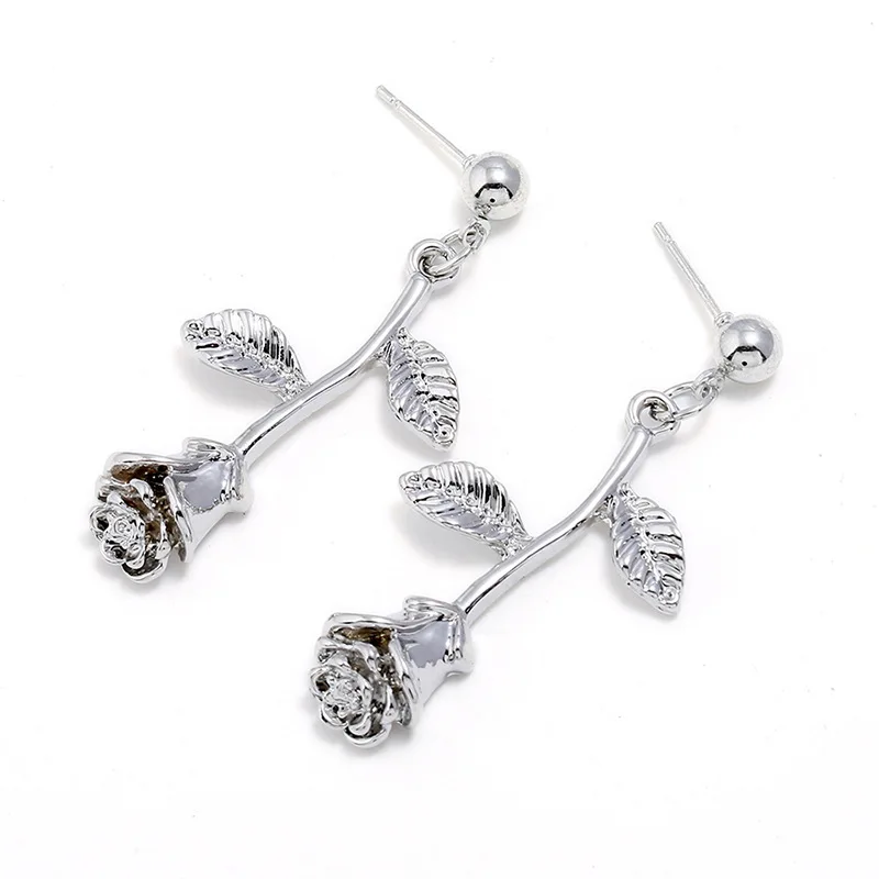 Fashion Womens Alloy Flower Rose Drop Metal Simple Floral Earrings Jewelry For Girls