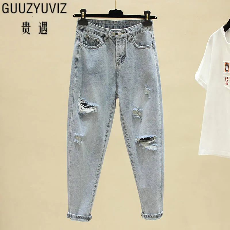 GUUZYUVIZ винтажные рваные джинсы для женщин плюс размер джинсовые брюки джинсы женские с высокой талией свободные удерживающие джинсы с